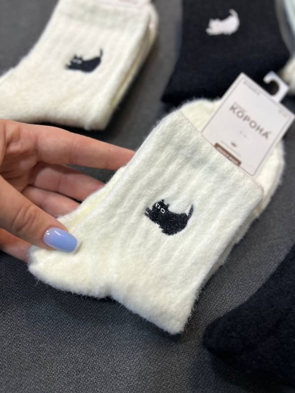 Зимові шкарпетки альпака "Корона" |• Вишитий котик  • Розмір: 37-41