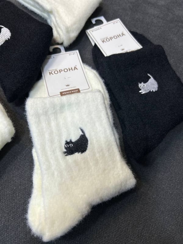 Зимові шкарпетки альпака "Корона" |• Вишитий котик  • Розмір: 37-41