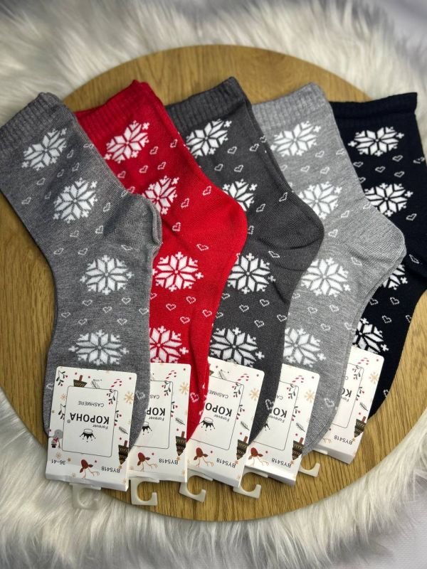 Новорічні термо/кашемірові шкарпетки "Корона" | Жіночі • Сніжинки| Розмір: 36-41